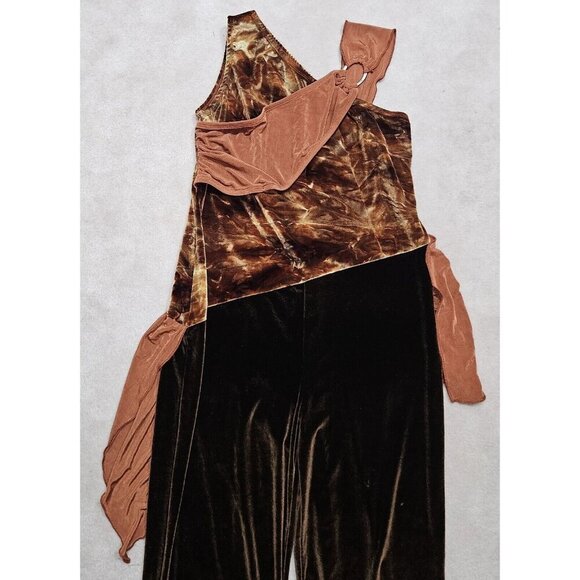 VTG Algy Brown Velvet Jumpsuit Asymmetrical Sleeveless Skirted Adult XXL - Picture 2 of 10